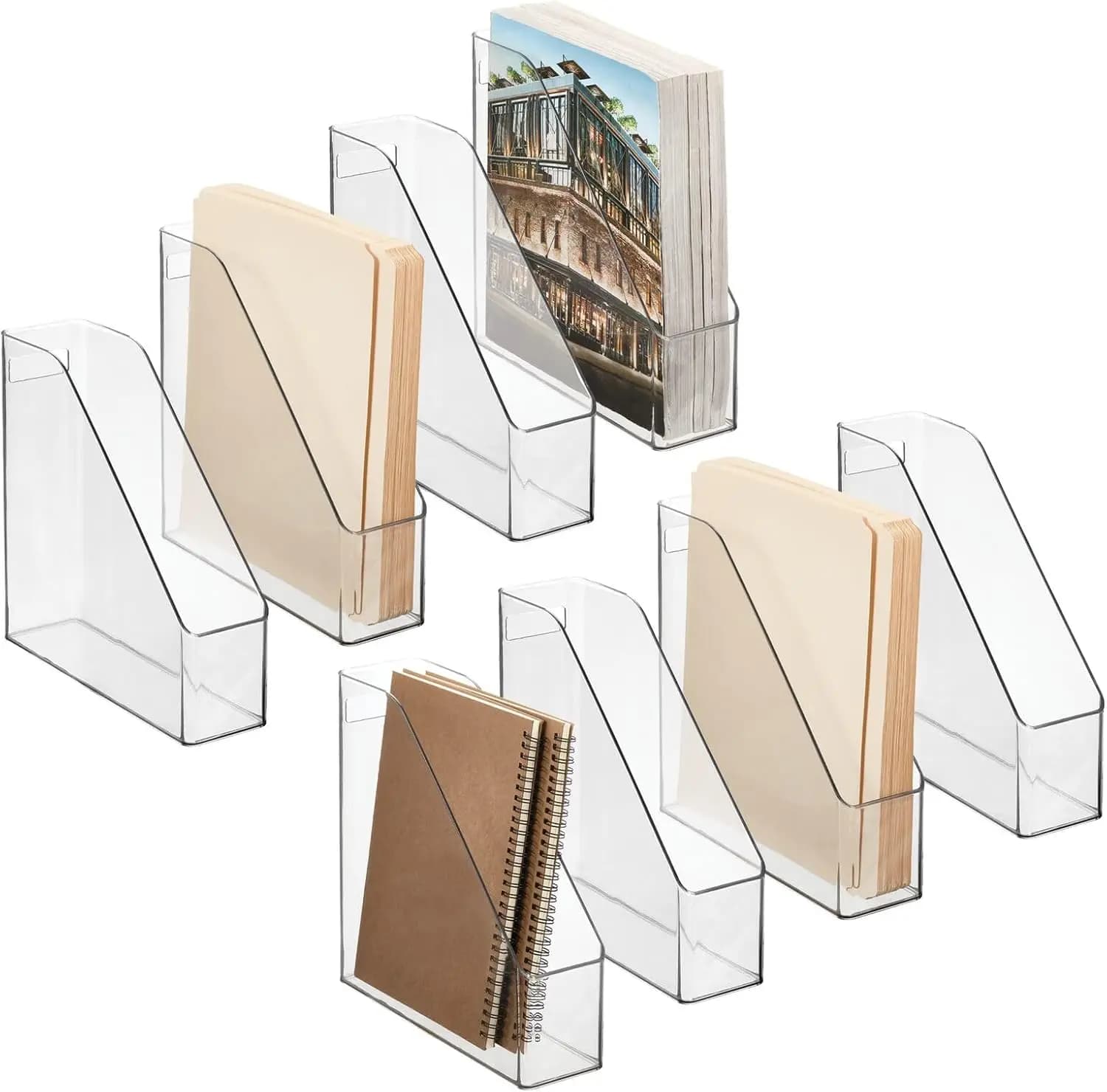 Organizer per cartelle di file verticale sottile con maniglia, contiene raccoglitori per quaderni, riviste, plastica trasparente, confezione da 8 per l'home office