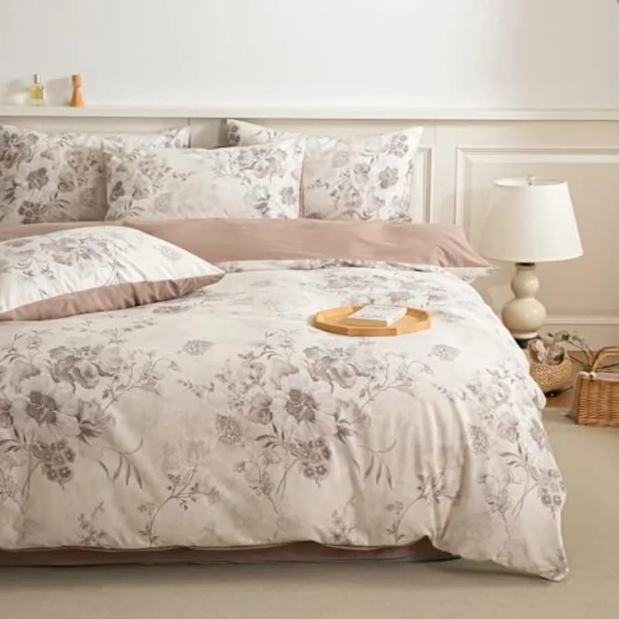 Warm and Soft Brushed Cotton Floral Duvet Cover Set Winter Comforter Style Design, Reversible Flower Print, 3-Piece, Coffee/Whi