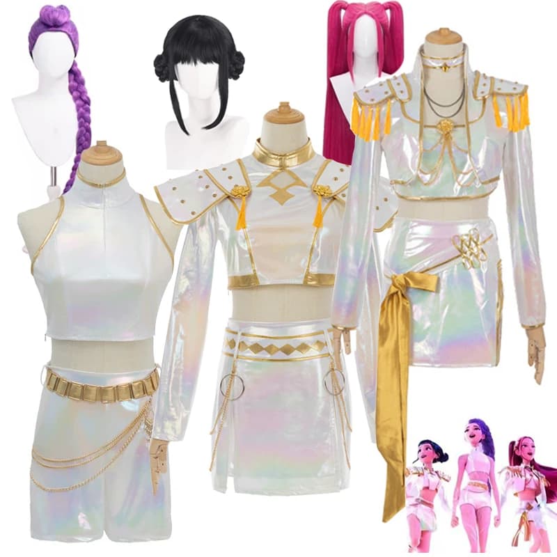 KPOP Rumi Mira Zoey Costumes Cosplay Demon Hunters White Performance Stage Dresses Uniform Wig Children Women Halloween Party Costumes