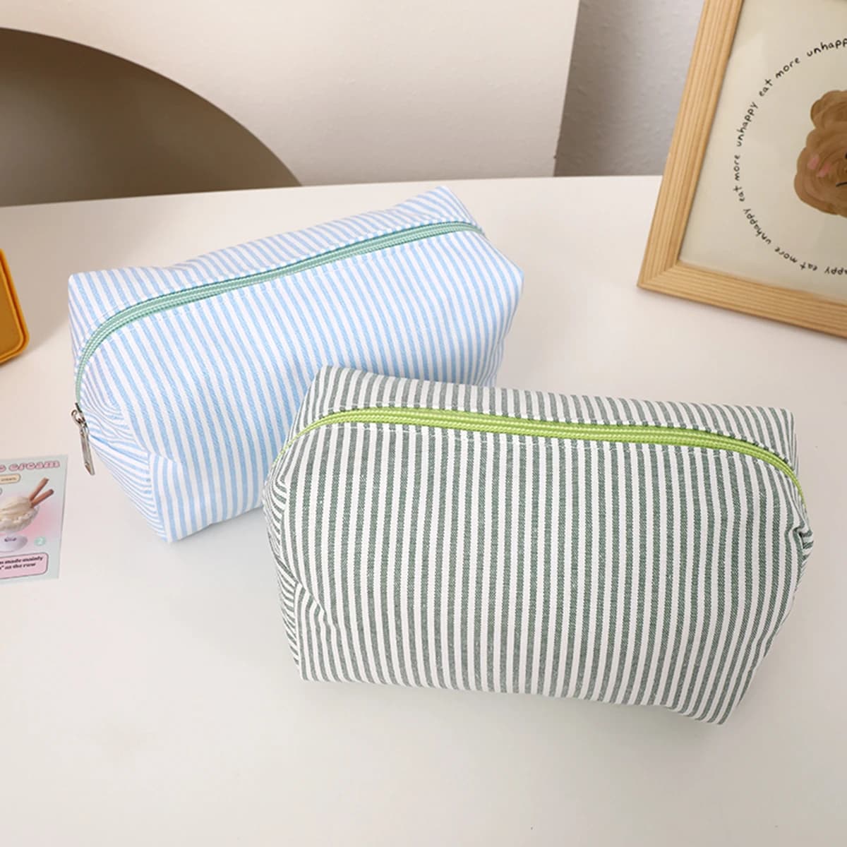 Striped Fabric Box Shape Zipper Pencil Case Large Capacity Stationery Pouch For Students School Office Travel Daily Storage