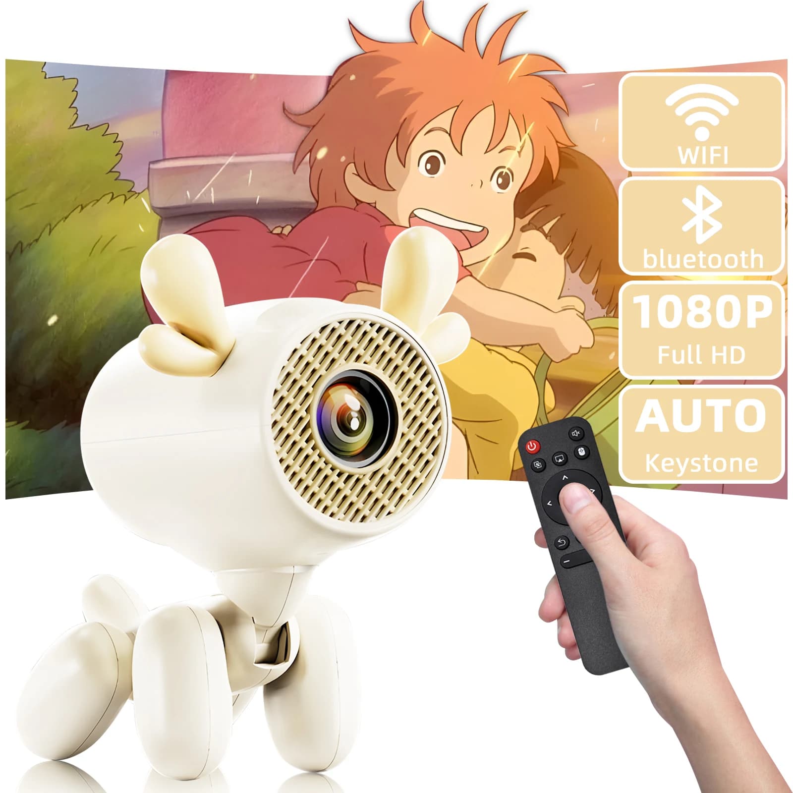 Mini proiettore intelligente Full Hd1080p Wifi 6 e Bt 5.1 Cute Deer Fawn Design Home Theater Strumenti portatili per proiettori audio e video