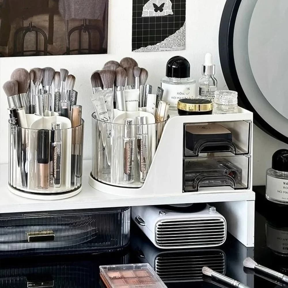 Organizer da scrivania girevole a 360 gradi, 6 slot, 4 scomparti, portapenne con 2 cassetti, organizer per trucco multifunzionale