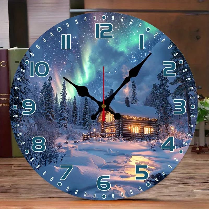 1 piece winter cabin Aurora Borealis wall clock - Modern 10 inch large, round, silent, ticking decoration, with green and night