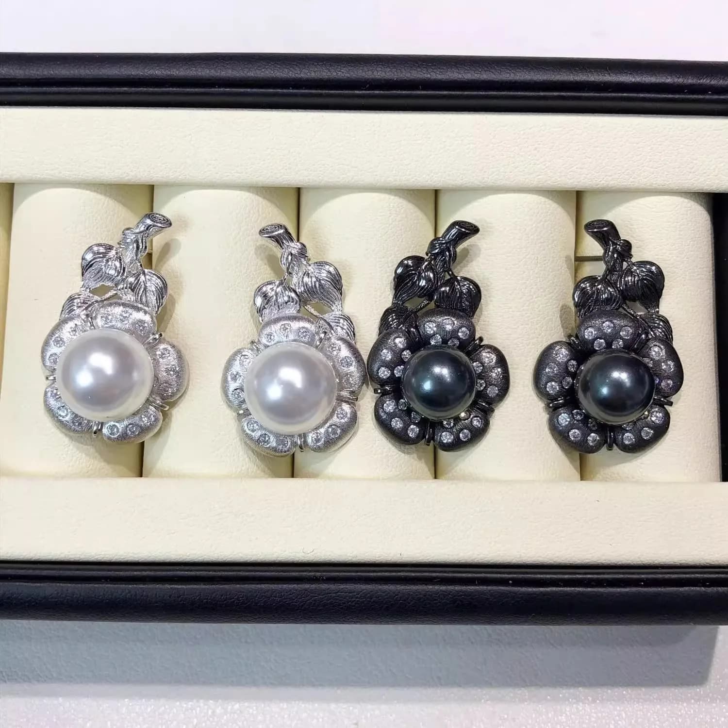 MeiBaPJ 10-11mm Natural Semicircular Pearls Fashion Flower Black Pendant Earrings Silver 925 Fine Wedding Jewelry for Women