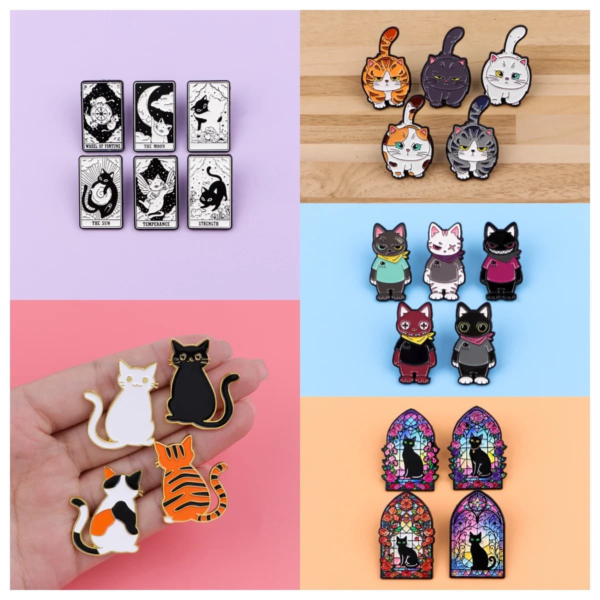 Spilla smaltata con gatto dei tarocchi e gatto in vetro colorato, distintivo da bavero per zaino, accessori per costumi, gioielli di moda, regalo