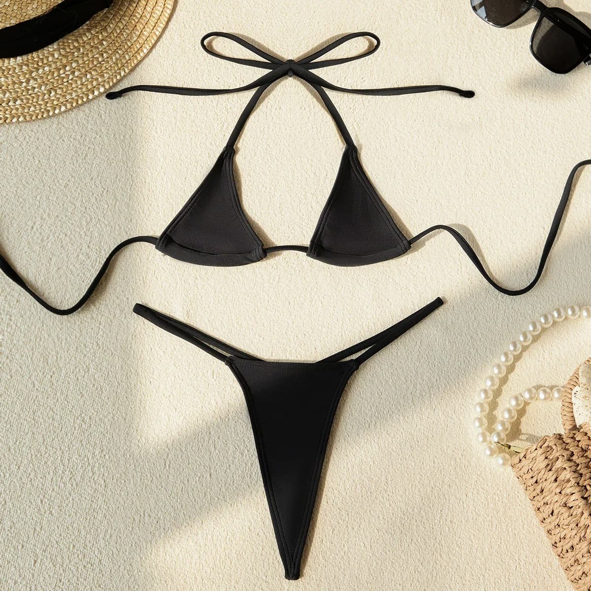 Costume da bagno femminile sexy Cinghie con lacci Costumi da bagno Pantaloncini perizoma tinta unita con reggiseno a triangolo Abbigliamento da spiaggia da donna