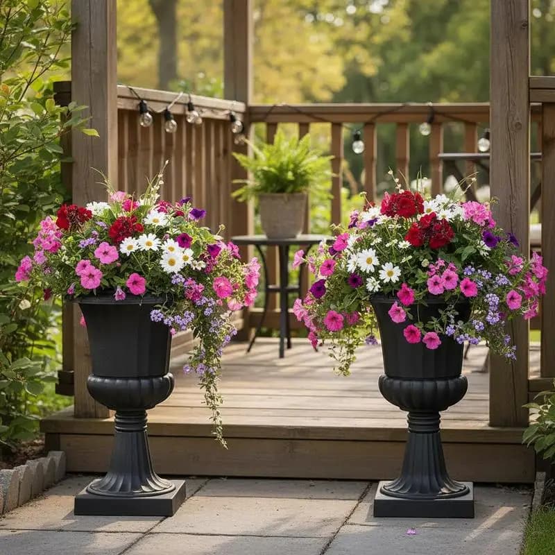 Decorative Column Vases 15.8 x 26.4 Inch For Front Porch Balcony Patio, 2 Pack Classic Flower Pots Tall Pedestal Design Black Molded Resin Construction Traditional Ribbed Texture Outdoor Indoor Ornamental Containers