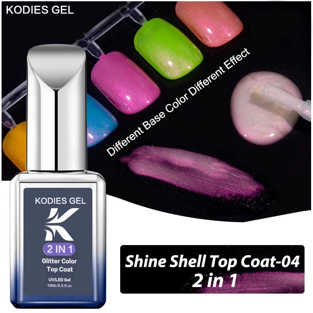 KODIES GEL Glitter Top Coat Aurora Chrome Gel Smalto per unghie 2 IN 1 Sparkle Shimmery Pink Nail Gel Finish Top Coat Tutto per manicure