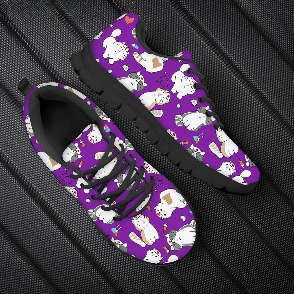 Women Nurse Sneakers Cartoon Cat Veterinary Print Lightweight Mesh Flats Ladies Casual Winter Cute Nursing Shoes New