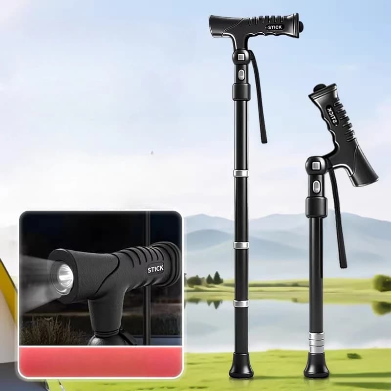 Bastone da Passeggio con Luci LED e Manico Regolabile, Bastone da Trekking Retrattile in Lega di Titanio e Alluminio, Elegante Bastone per Anziani