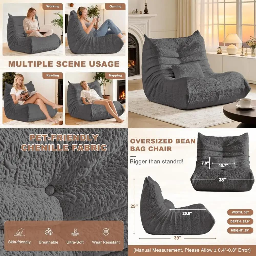 Poltrona Sacco Grande per Adulti con Supporto Lombare, in Ciniglia Oversize con Memory Foam, Ideale per Relax, Lettura, Gaming in Grigio