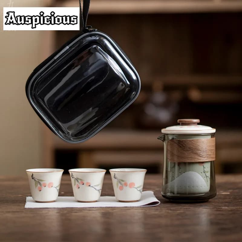 Hand Drawn Persimmon Hand-grasp Teapot Portable Travel Tea Set Kit Boutique 1 Pot 3 Cups Tea Making Handbag Craft Teaware Gifts