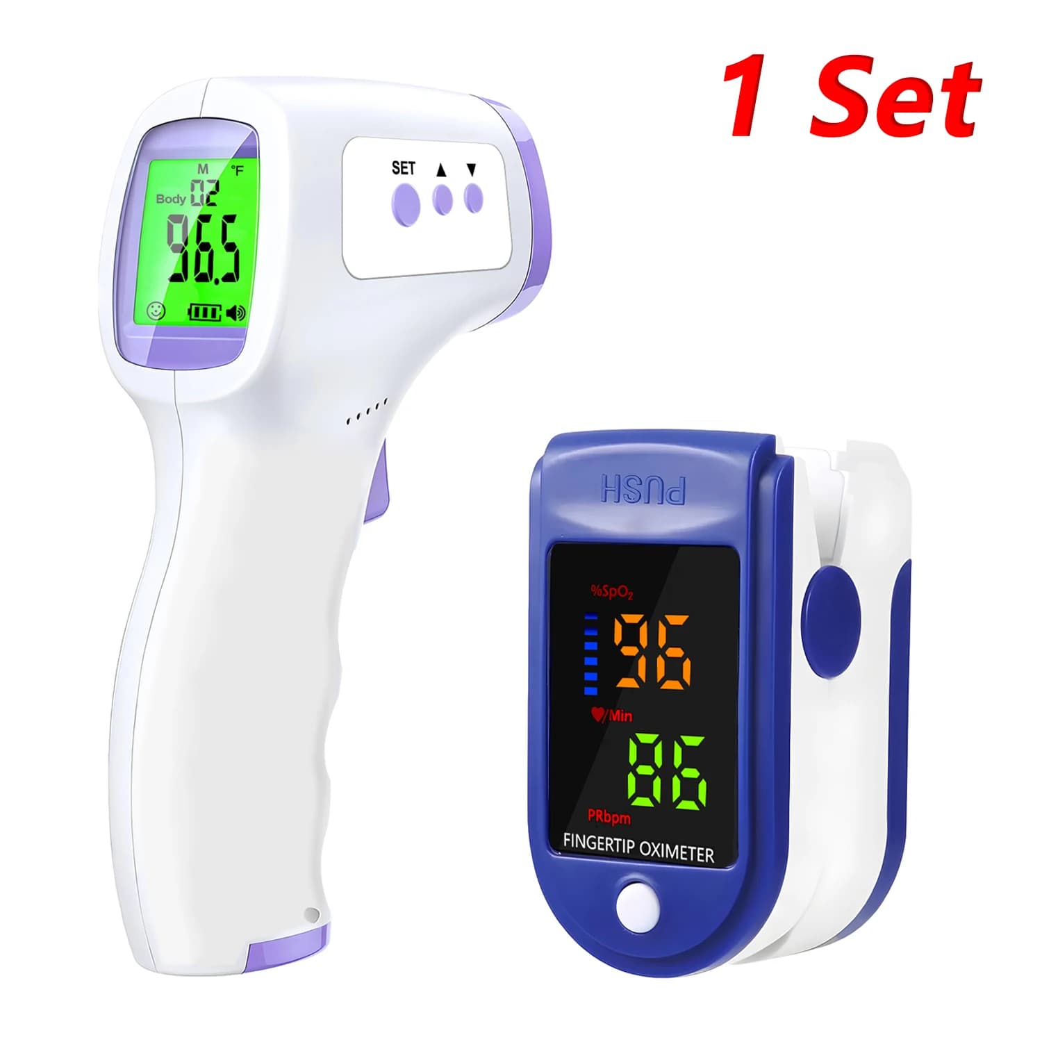 Non-Contact Body Thermometer LED Backlit Digital Fever Thermometer Measure Tool OR Mini Fingertip Oximeter LED Blood Oxygen Tool