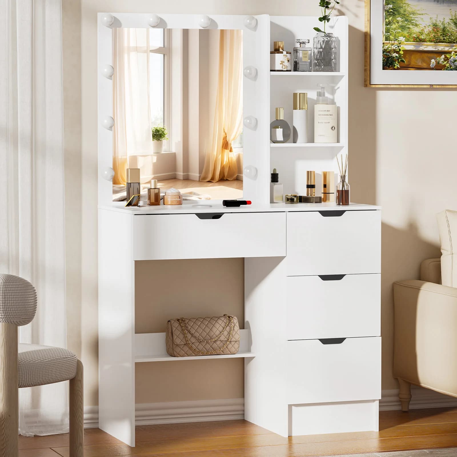 Specchio da toeletta Vanity con 10 luci a LED Scrivania per trucco 4 cassetti Bianco