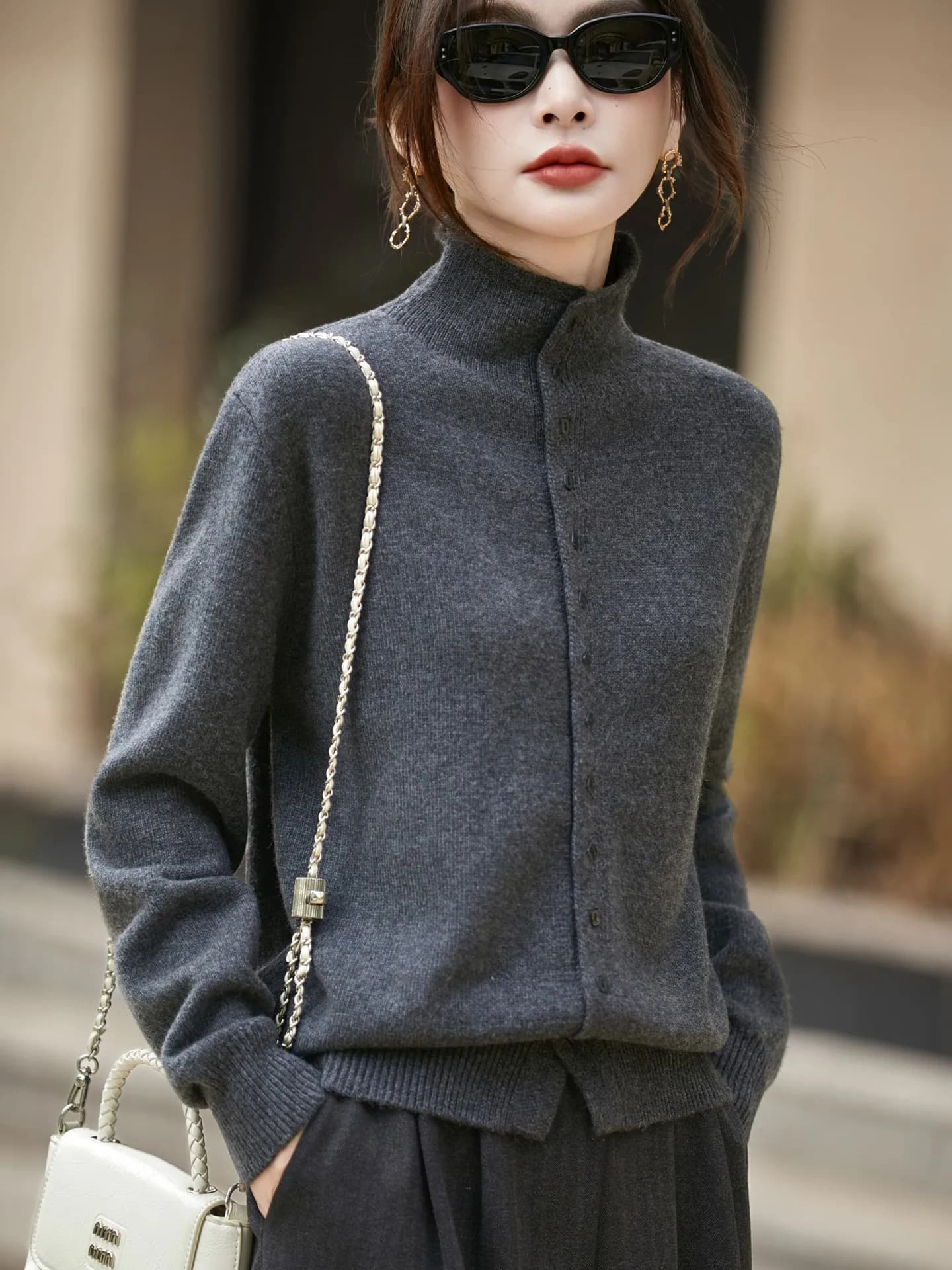 Oule Old Money Style Women's Knitted Open Cardigan Half High Collar Grey Sweater Jacket Slimming Base Shirt Casual Style