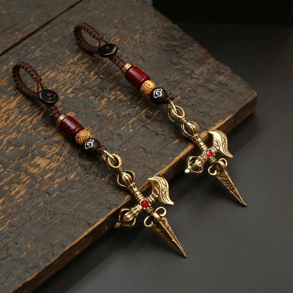 Keyring with cross pendant Vajra Tibetan Buddhist brass retro with woven rope, lucky pendant, man, woman, keychain for car, jewelry gift