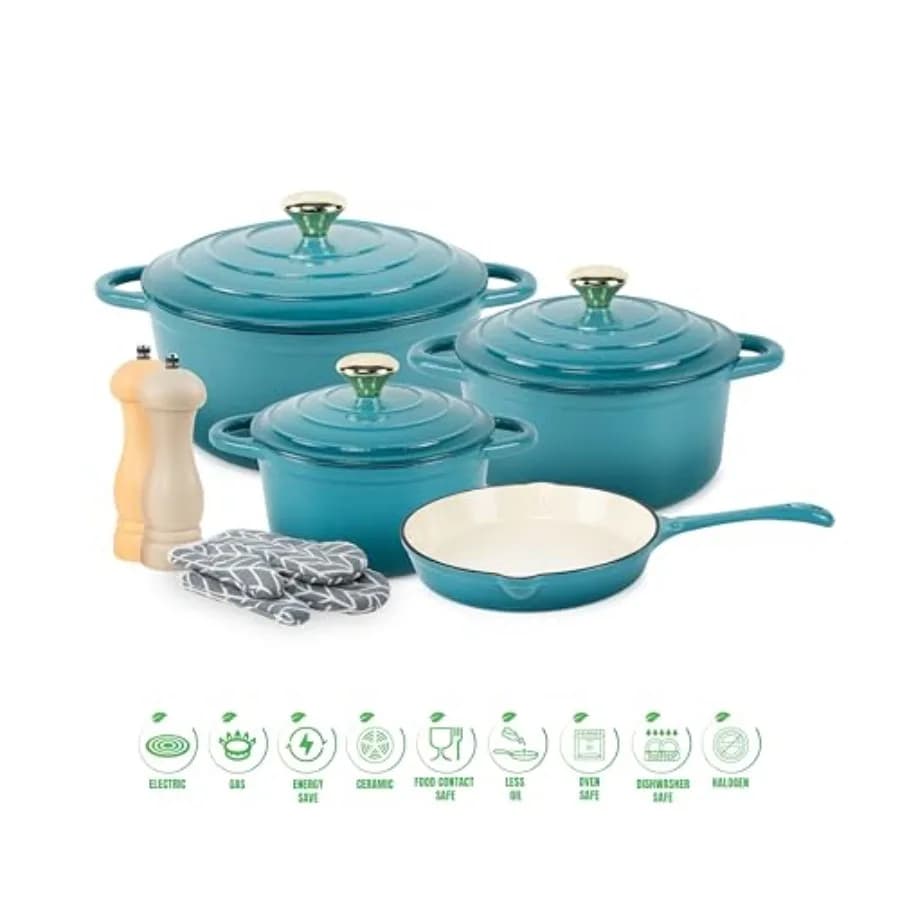 SET di 7 pezzi di pentole olandesi in ghisa smaltate antiaderenti salutari e sicure. Il set include: padella da forno olandese da 24 cm 18 cm 21 cm