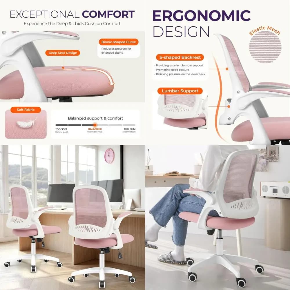 Sedia girevole ergonomica rosa con altezza regolabile, supporto lombare, braccioli ribaltabili per scrivania da gioco per casa/ufficio