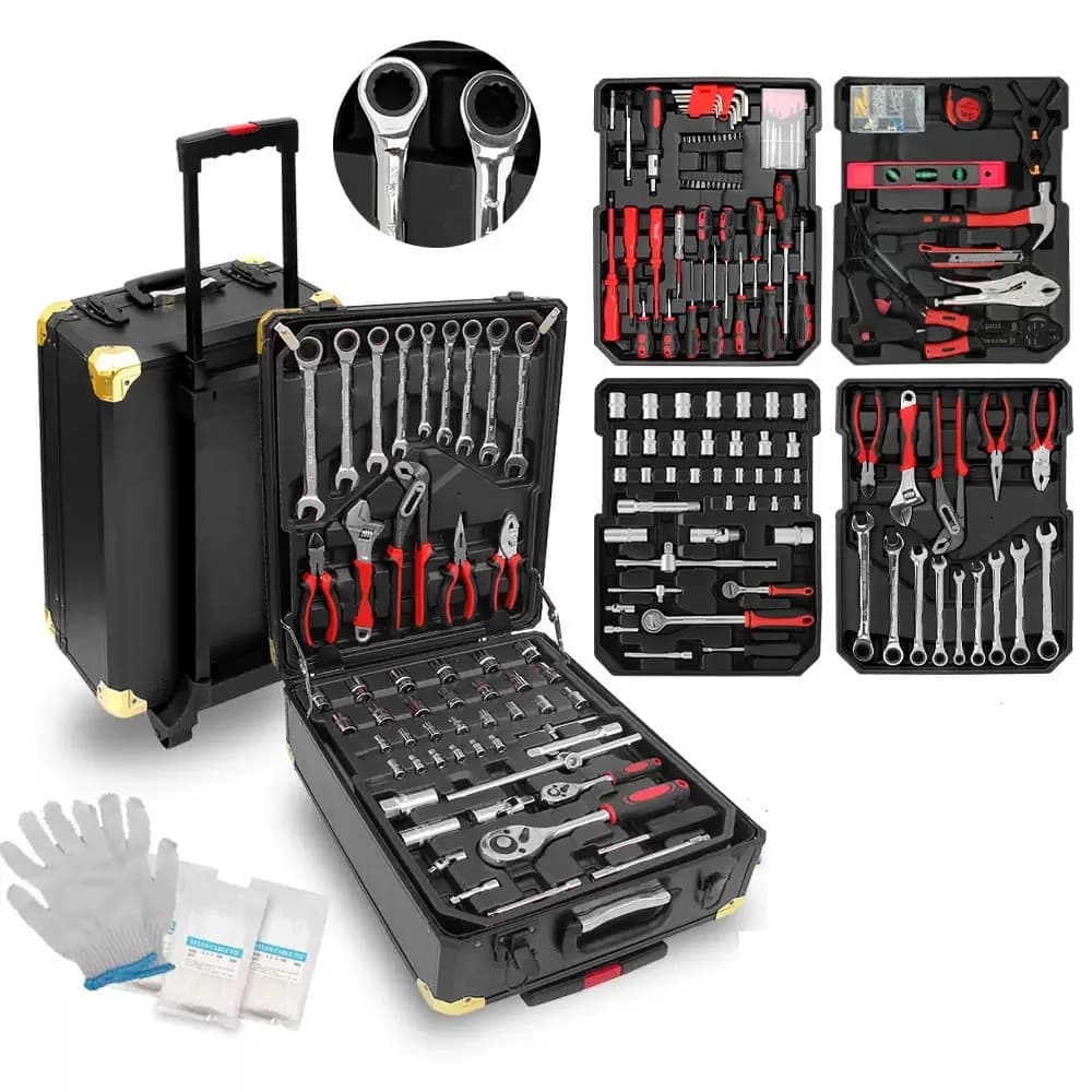 399-Piece Chrome Vanadium Steel Hardware Repair Tool Set with Large Double Wrench Black Luggage Tool Box for Auto Repair Shop