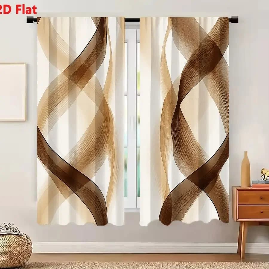 2Pcs Curtains 2D Flat Abstract Flowing Ribbon Forms In Brown And Beige With Fine Textures Window Drapes for Bedroom Room Decor D