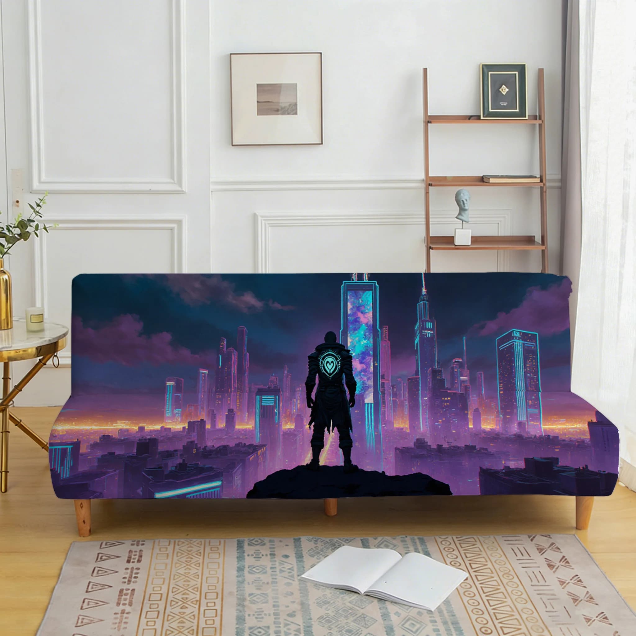 Cyberpunk Future City Sofa Bed Cover, Living Room Sofa Bed Cover, Dustproof Washable Sofa Bed Cover