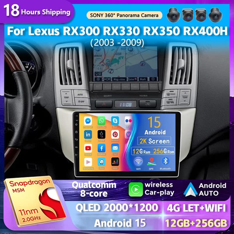 Autoradio Android 16 con WiFi+4G e Carplay per Lexus RX300 RX330 RX350 RX400H 2003-2009, Navigatore GPS, Lettore Multimediale Stereo