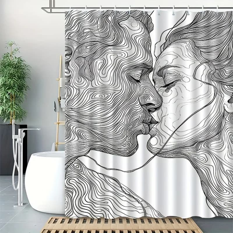 Tenda da doccia con motivo topografico Line Art, in poliestere bianco e nero, 70,8x70,8 pollici, lavabile in lavatrice, tenda da bagno