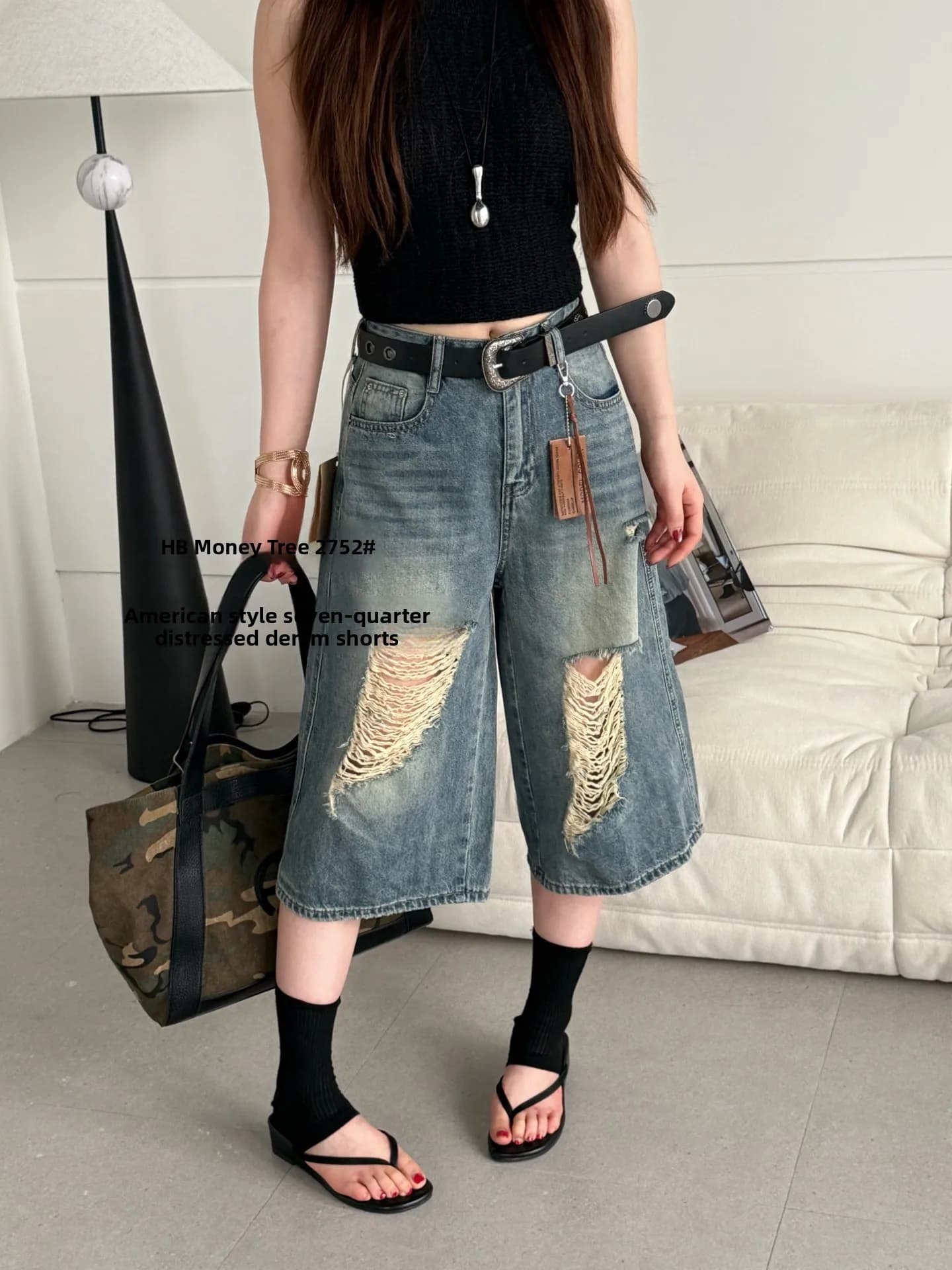 High Waist Slimming Denim Jeans Women Summer New American Design Seven-Foot-Distance Break Hole Capri Pants Korean Style