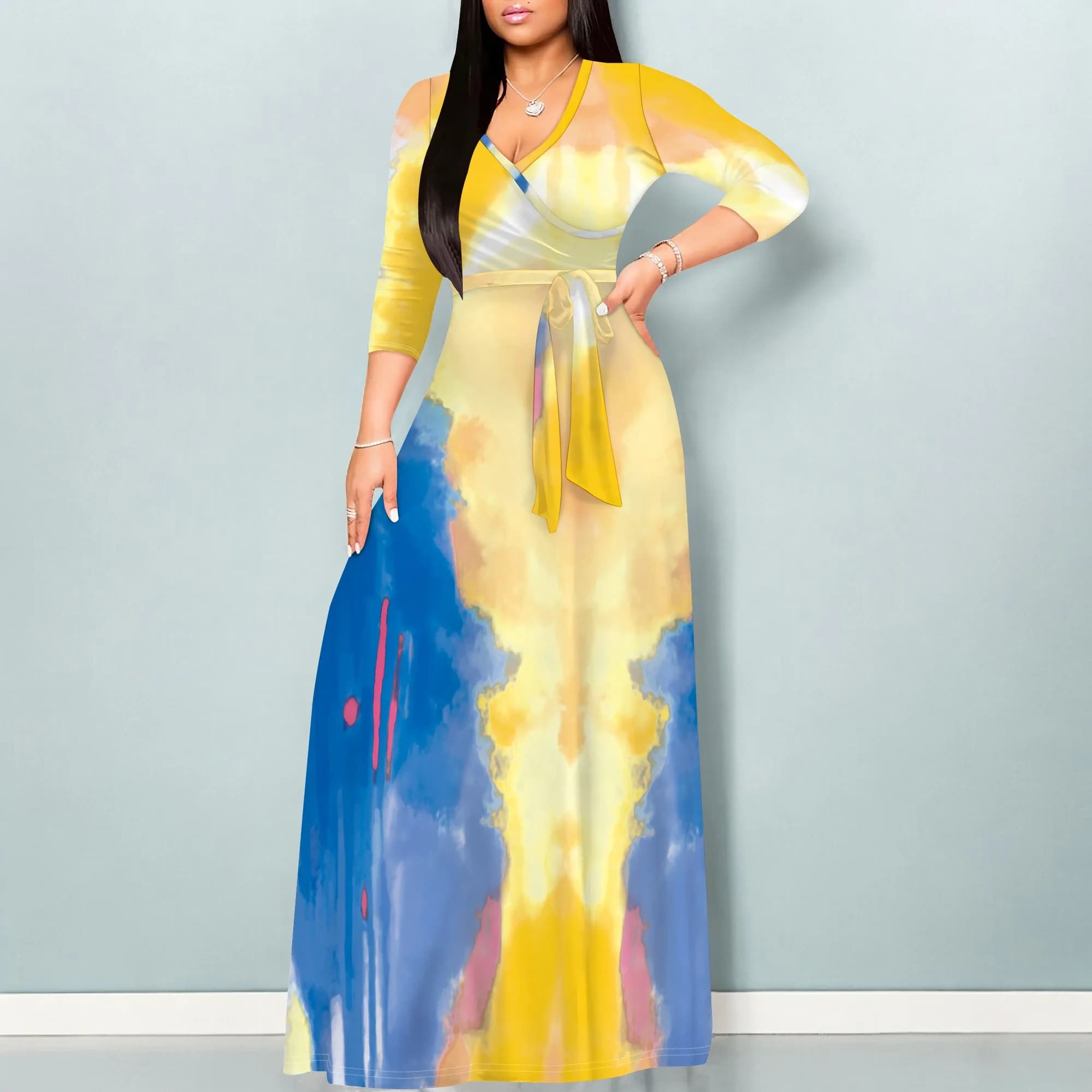 Abito lungo da donna con maniche a 3/4 stampato alla moda estiva per abiti casual larghi lunghi a maniche corte da donna