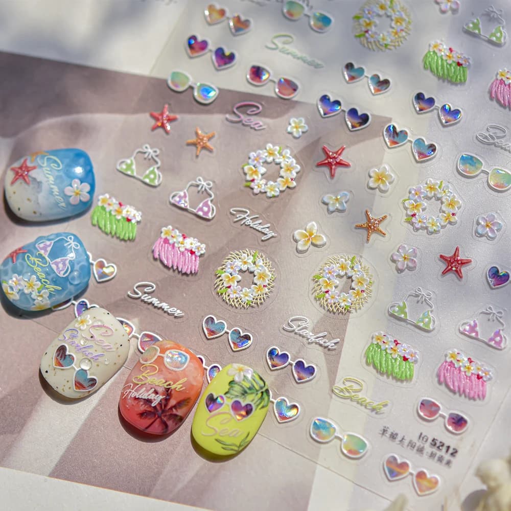 Gonne di erba colorate Bikini estivo Amore giocoso Occhiali da sole Stelle marine Ghirlande di fiori Adesivo per nail art tropicale 5D Deca per manicure
