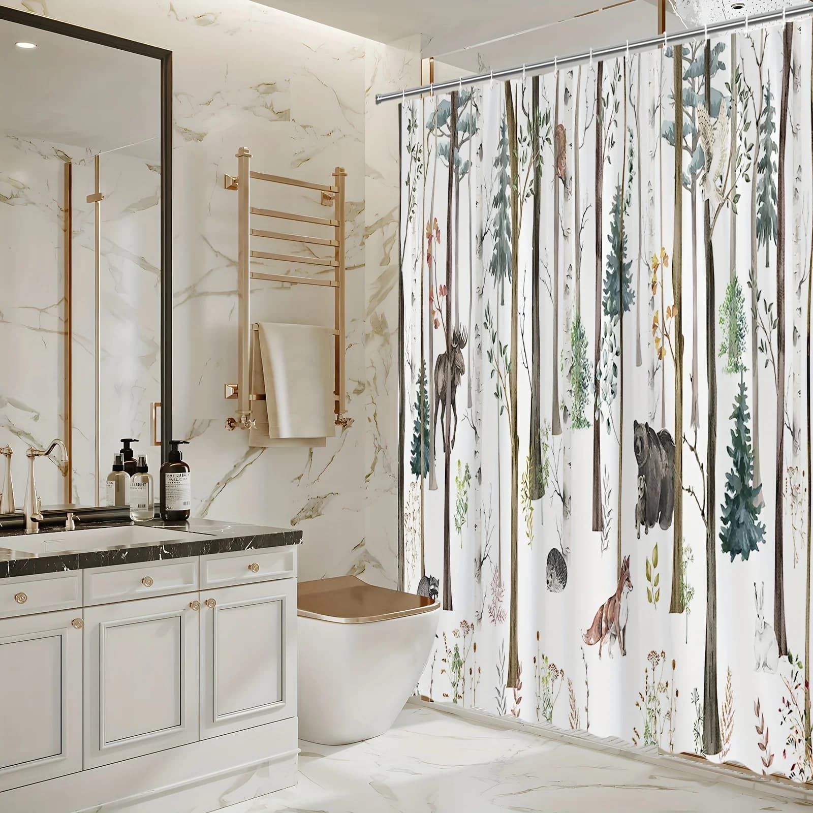 Tenda da doccia con scena di animali della foresta - Orso, alce, volpe, scoiattolo e alberi, tessuto in poliestere, design con neve autunnale, arredamento per il bagno