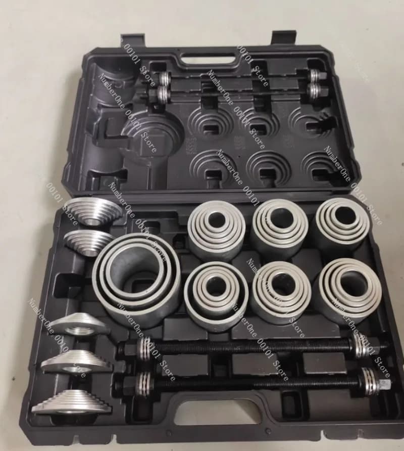 37-piece set of universal bushing replacement tools for lower control arm disassembly and assembly