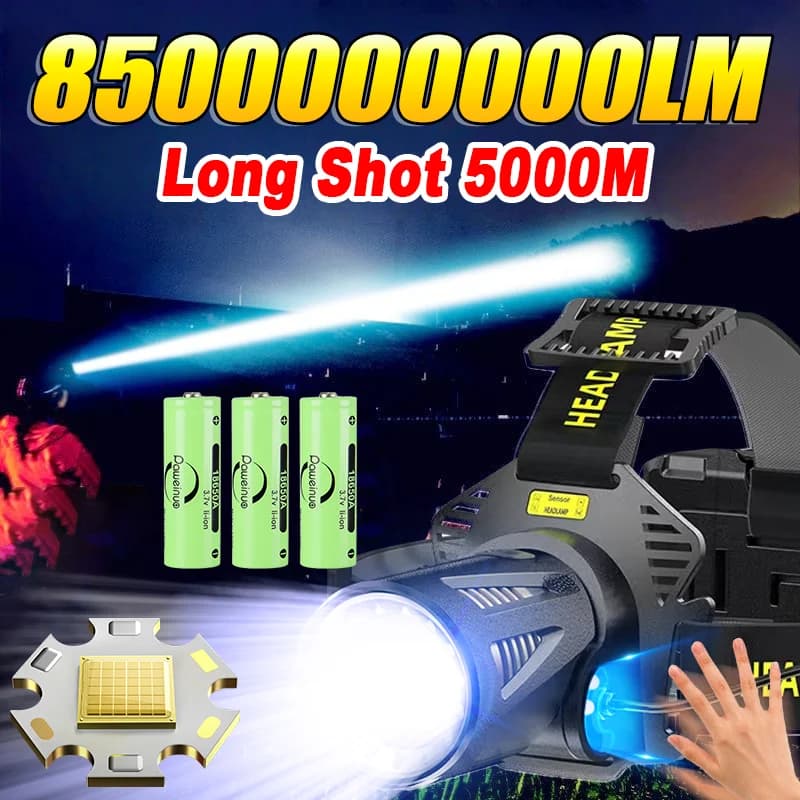 8500000000LM Torcia frontale a LED ultra luminosa Sensore IR Lampada frontale ricaricabile XHP360 Faro 18650 Lanterna da campeggio da pesca