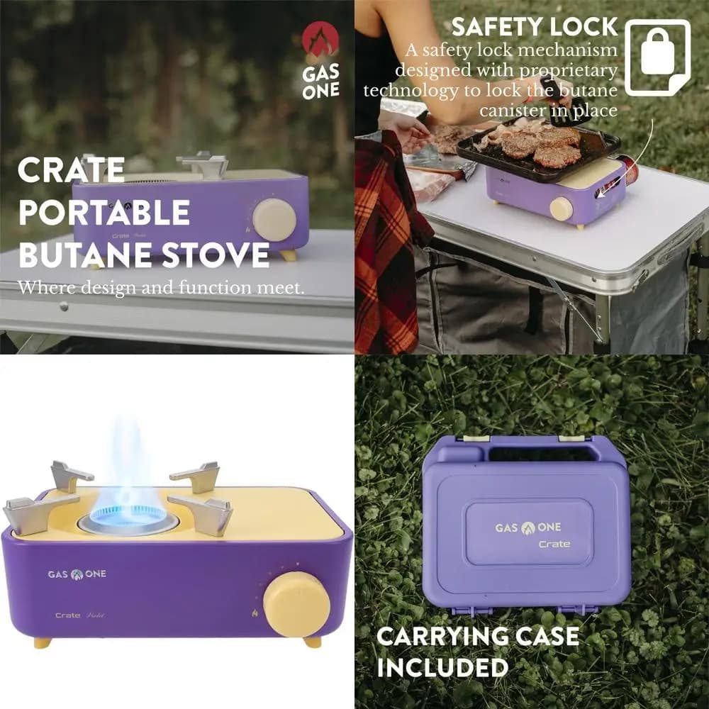 Butano Gas Stove Compact and Portable for Camping and Hiking - Purple, with Spiral Flame for Uniform Heat