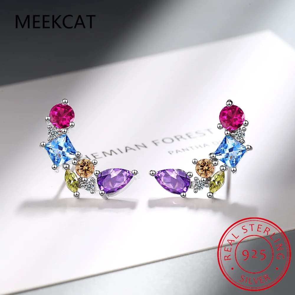 Orecchini a Perno Arcobaleno in Argento Sterling 925 con Gemme Colorate: Granato, Ametista, Citrino, Peridoto, Topazio Blu