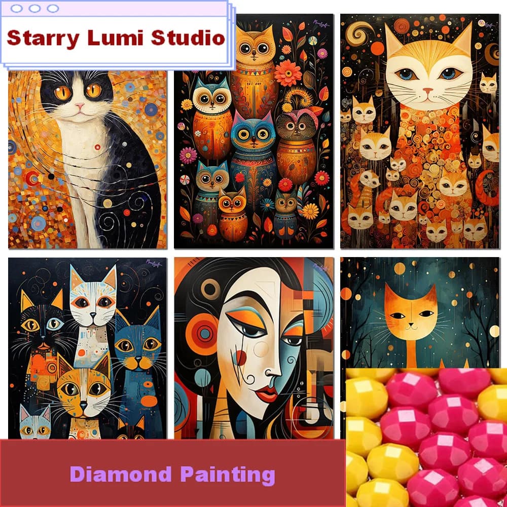 Quadro Astratto con Diamanti Pittura Diamantata "Gatto e Ragazza" Kit Mosaico Strass Punto Croce Fai da Te Hobby Ricamo Fatto a Mano Decorazione Casa