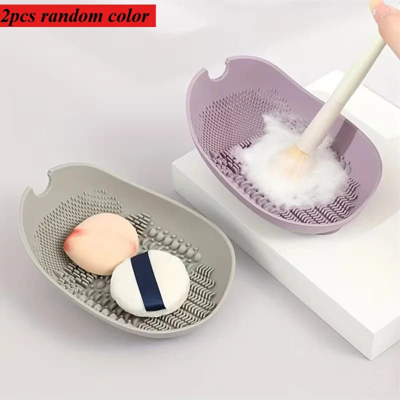 2pcs Random Color Convenient Practical Silicone Makeup Brush Cleaning Bowl With Suction Cup Base Powder Puff Cleaning Bowl Cosme