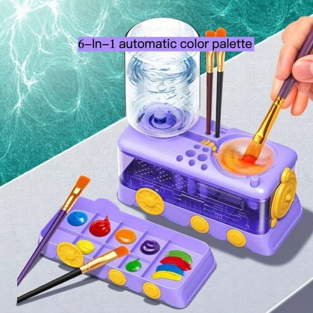 6-In-1 Automatic Paint Brush Cleaner with Palette Multifunctional Self-Cleaning Art Container for Watercolor Acrylic Painting