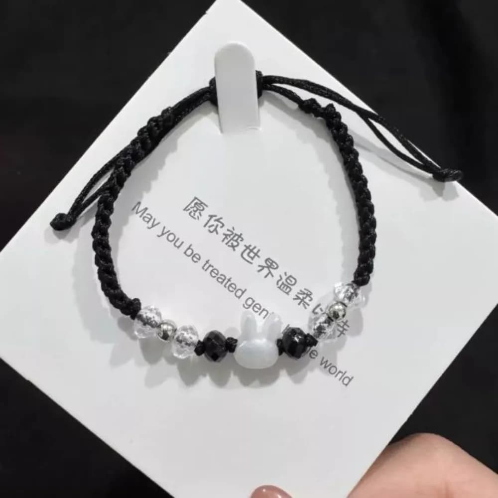 Minimalist Design Couple Bracelet Moonstone Obsidian Cute Rabbit Woven Bracelet Beaded Black White Cat Bracelet Gift Giving