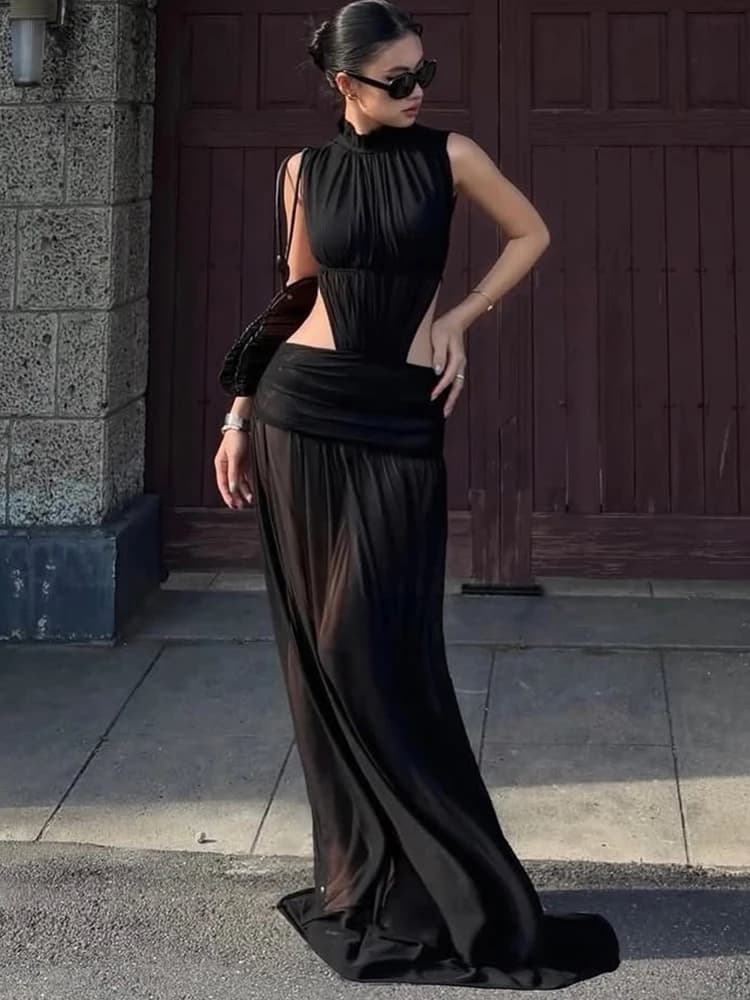 Weird Puss Sexy See Through Long Dress Woman Stand Collar Lace-Up Backless Robe Prom Party High Waist Ruched Elegant Vestidos