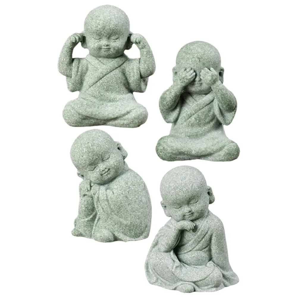 4Pcs Small Zen Monk Statue Stone Buddha Ornament Home Office Garden Decoration Mini Monk Sculpture Desktop Tea Decoration
