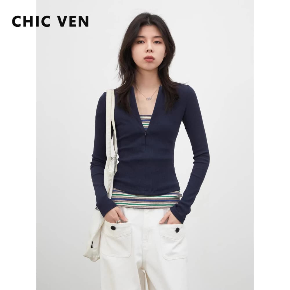 CHIC VEN New Women T-Shirts V-neck Knit Tees with Contrasting Stripes Female Tank Top Slim Fit for Woman Spring Summer 2026