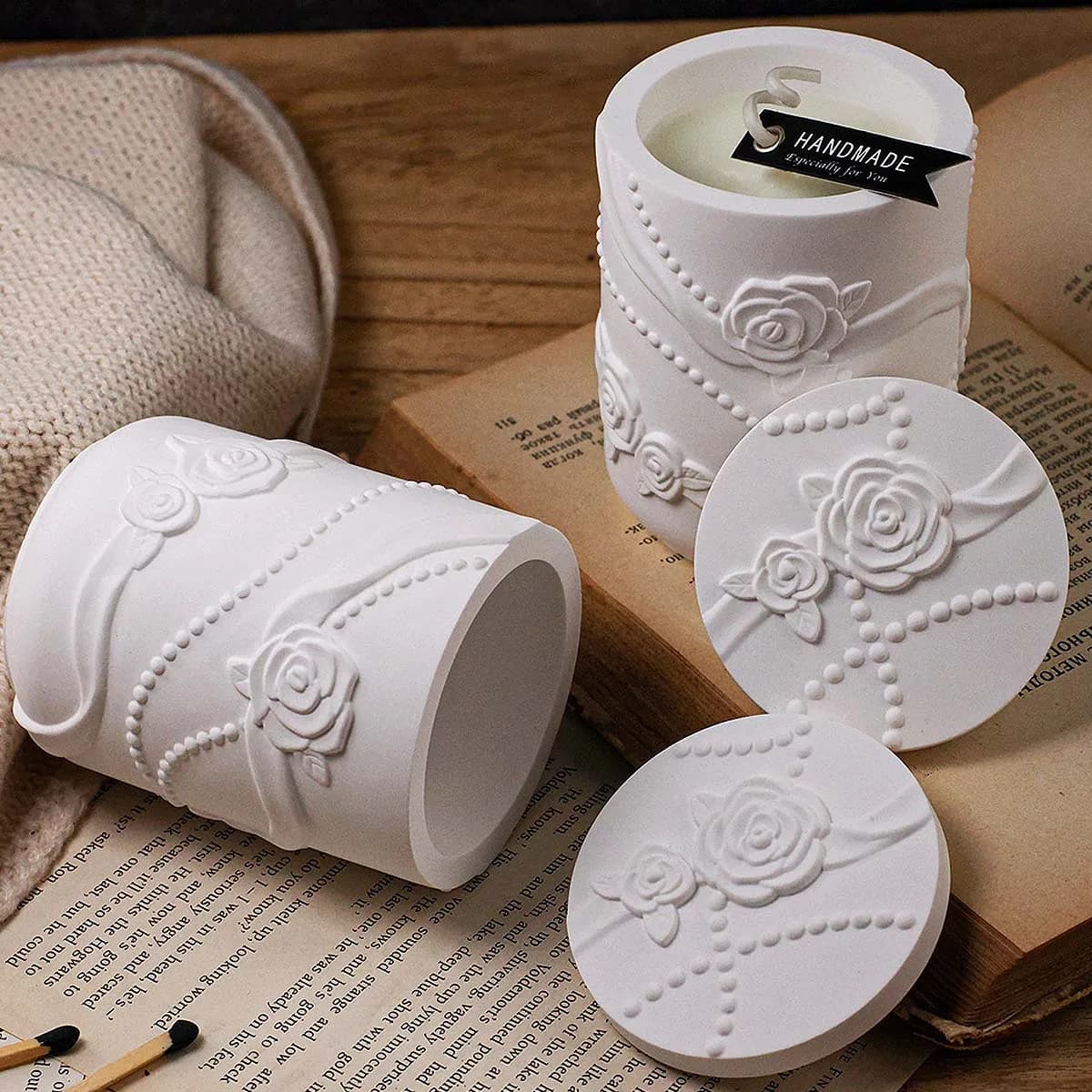 Concrete Flower Shape Candle Jar Silicone Mold Pearl Ribbon Rose Gypsum Craft Molds DIY Resin Storage Box Vase Making Supplies