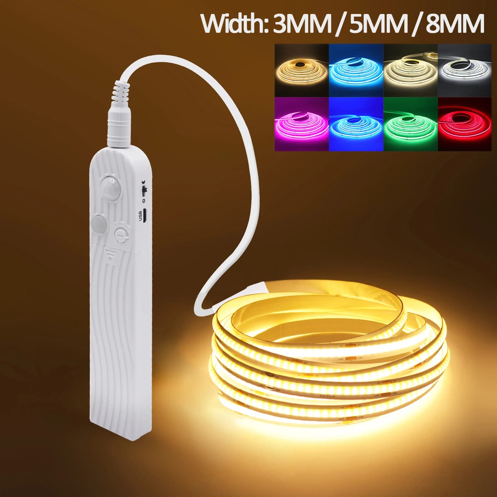 Human Body Sensor Battery Powered COB Strip 3MM 5MM 8MM White/White Ice/Rosa/Giallo/Rosa Flexible LED Ribbon Light for Wardrobe