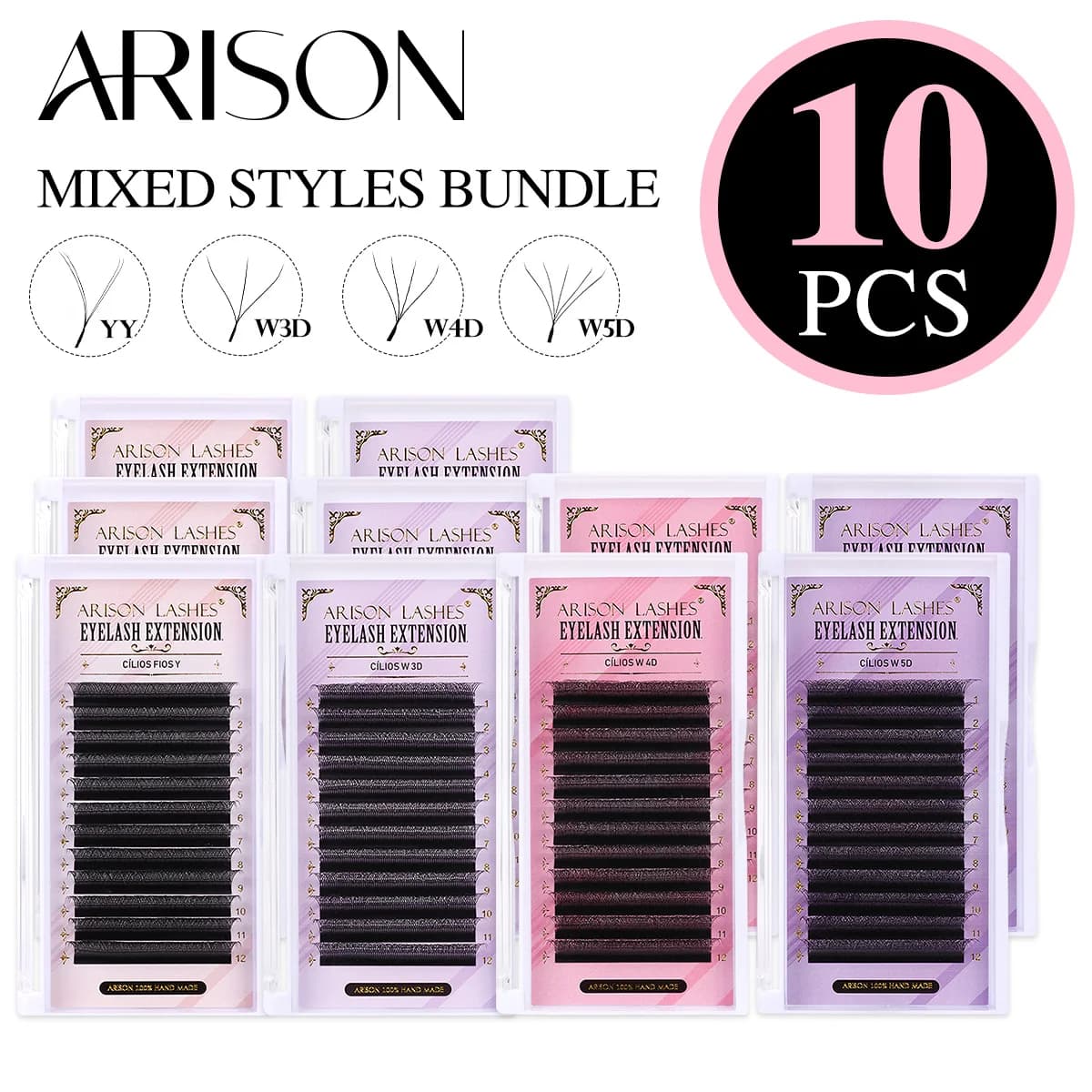 ARISON 10 Boxes Volume Eyelashes Extensions YY 3D 4D 5D Premade Fans Mixed Style Lashes Wholesale Tray Bundle