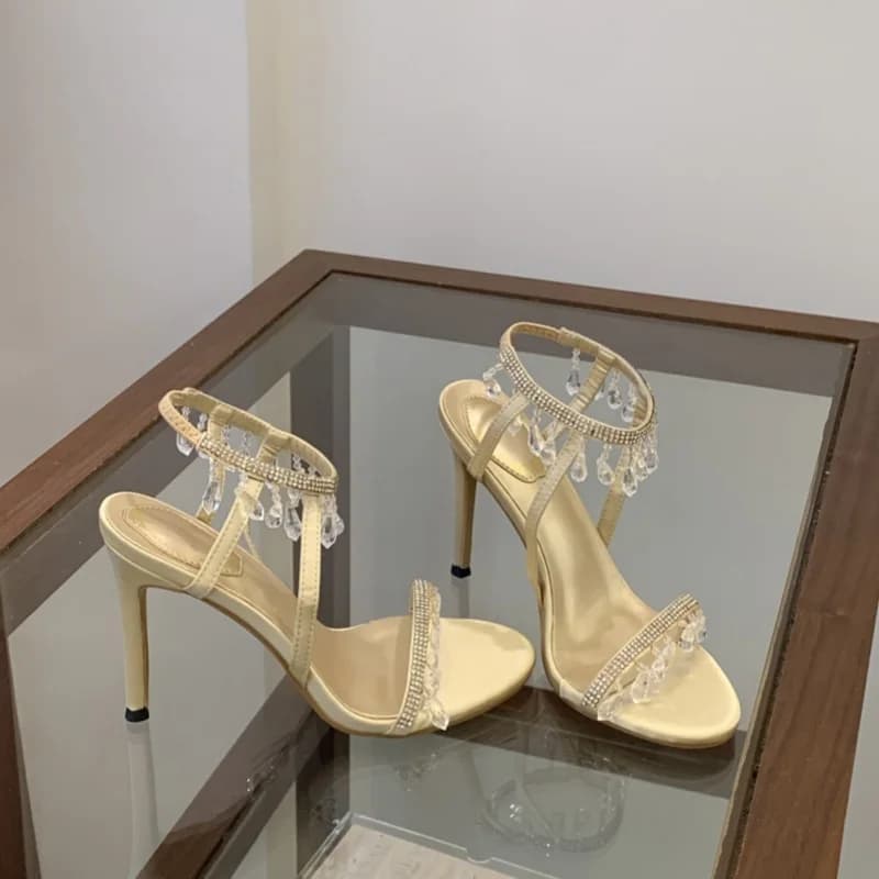 Summer new round toe exposed toe crystal bead string sexy sandals party dress large size slim heel high-heeled women's shoes
