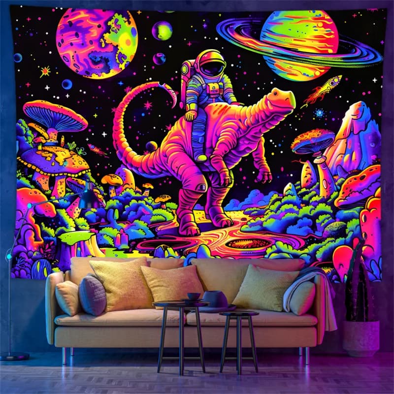VIKAMA Blacklight Psychedelic Tapestry UFO Astronaut Dinosaur UV Reactive Wall Hanging Trippy Room Home Decor