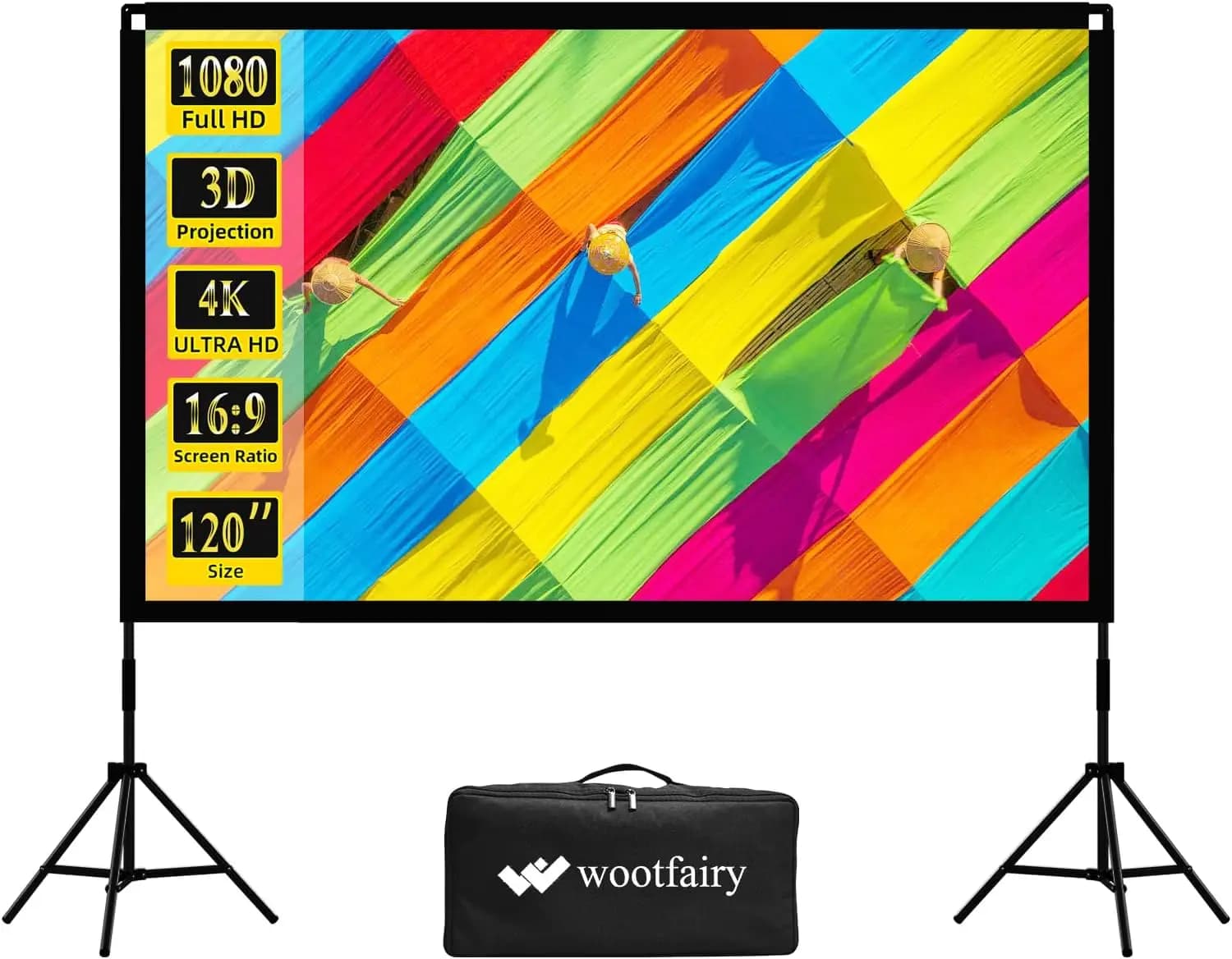 Schermo per proiettore da 120 pollici con supporto, portatile e pieghevole 16:9 4K HD, schermo per film da interno ed esterno per home theater