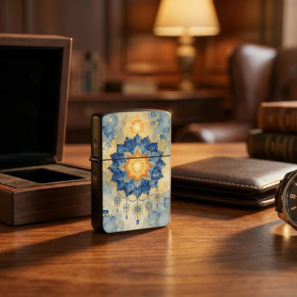 Mandala Dreamcatcher Lighter with Sun & Blue Floral Pattern for Camping Travel Outdoor Use
