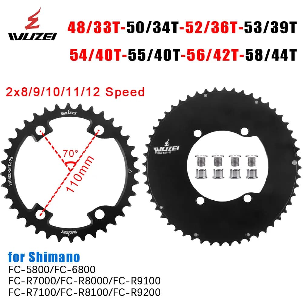 WUZEI 110BCD Road Bike Double Chainring 2x10/11/12 Speed Bicycle Chainwheel 48T/33T 58T/44T Crown for Shimano 105 Ultegra R8000